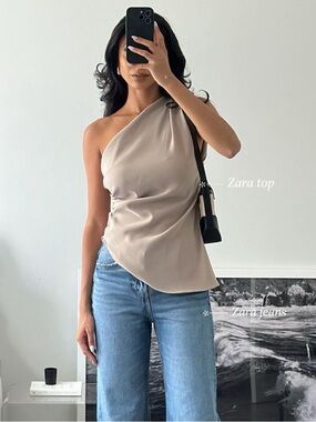 🤍 ✨ Zara Asymmetric One Shoulder Draped Top Beige Stone Size M
